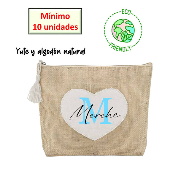 Neceser de yute y algodón natural con borla y corazón, personalizado. Eco friendly